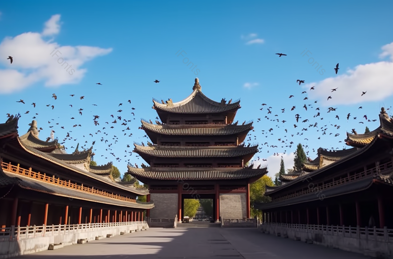 四川省成都黄龙溪古镇旅游城镇景点风景蓝天白云鸟群飞过古风房屋建筑无人的场景图像摄影,高清,摄影图,摄影图片,图片大全,摄影图免费下载